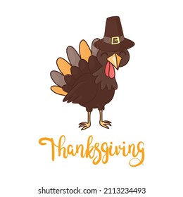 Happy Thanksgiving Day. Vector Illustration with Hand Lettered Text and a Turkey silhouette with orange background.
