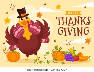 Happy Thanksgiving Day Vector Illustration with Turkey Bird, Pumpkin, Leaves and Many Others Elements Background Flat Cartoon Hand Drawn Templates