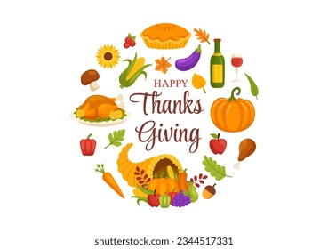 Happy Thanksgiving Day Vector Illustration with Turkey Bird, Pumpkin, Leaves and Many Others Elements Background Flat Cartoon Hand Drawn Templates