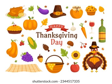 Happy Thanksgiving Day Vector Illustration with Turkey Bird, Pumpkin, Leaves and Many Others Elements Background Flat Cartoon Hand Drawn Templates