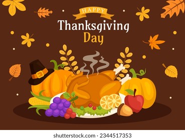 Happy Thanksgiving Day Vector Illustration with Turkey Bird, Pumpkin, Leaves and Many Others Elements Background Flat Cartoon Hand Drawn Templates