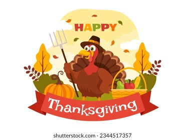 Happy Thanksgiving Day Vector Illustration with Turkey Bird, Pumpkin, Leaves and Many Others Elements Background Flat Cartoon Hand Drawn Templates