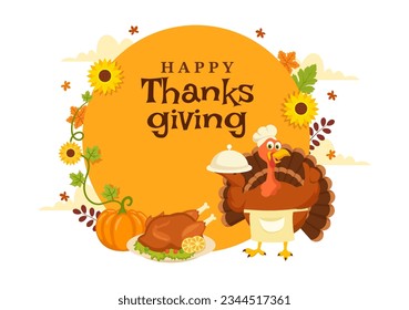 Happy Thanksgiving Day Vector Illustration with Turkey Bird, Pumpkin, Leaves and Many Others Elements Background Flat Cartoon Hand Drawn Templates