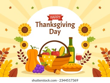 Happy Thanksgiving Day Vector Illustration with Turkey Bird, Pumpkin, Leaves and Many Others Elements Background Flat Cartoon Hand Drawn Templates