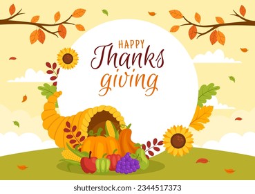 Happy Thanksgiving Day Vector Illustration with Turkey Bird, Pumpkin, Leaves and Many Others Elements Background Flat Cartoon Hand Drawn Templates