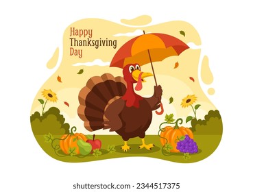 Happy Thanksgiving Day Vector Illustration with Turkey Bird, Pumpkin, Leaves and Many Others Elements Background Flat Cartoon Hand Drawn Templates