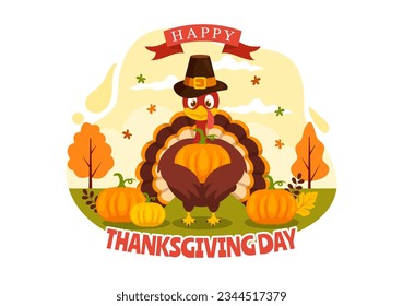 Happy Thanksgiving Day Vector Illustration with Turkey Bird, Pumpkin, Leaves and Many Others Elements Background Flat Cartoon Hand Drawn Templates