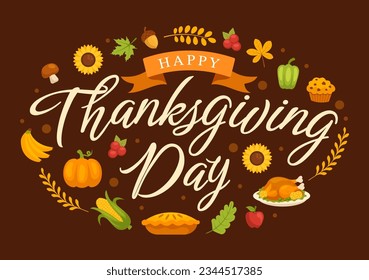 Happy Thanksgiving Day Vector Illustration with Turkey Bird, Pumpkin, Leaves and Many Others Elements Background Flat Cartoon Hand Drawn Templates