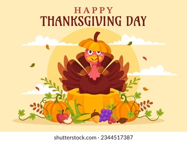 Happy Thanksgiving Day Vector Illustration with Turkey Bird, Pumpkin, Leaves and Many Others Elements Background Flat Cartoon Hand Drawn Templates