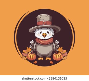 Happy Thanksgiving Day Vector Illustration with Turkey Bird, Pumpkin, Leaves