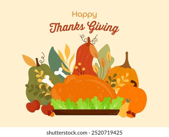 Happy Thanksgiving Day Vektorgrafik mit Türkei Vogel, Kürbis, Blätter und viele andere Elemente Hintergrund flache Cartoon handgezeichnet Vorlagen