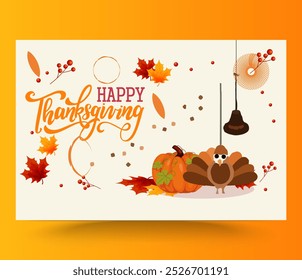 Happy Thanksgiving Day Vector Illustration with Turkey Bird, Pumpkin, Leaves and Many Others Elements Background Flat Cartoon Hand Drawn Templates, Turkey Bird, Pumpkin, Leaves and Many Others Element