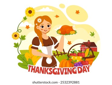 Happy Thanksgiving Day Vector Illustration with Turkey, Pumpkins, Leaves, and Various Other Elements in a Flat Style Cartoon Background