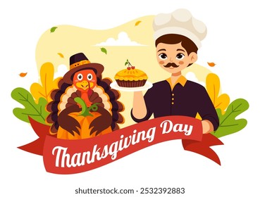 Happy Thanksgiving Day Vector Illustration with Turkey, Pumpkins, Leaves, and Various Other Elements in a Flat Style Cartoon Background