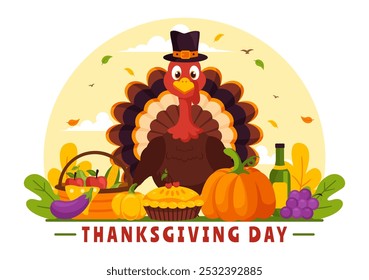 Happy Thanksgiving Day Vector Illustration with Turkey, Pumpkins, Leaves, and Various Other Elements in a Flat Style Cartoon Background