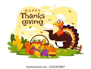 Happy Thanksgiving Day Vector Illustration with Turkey, Pumpkins, Leaves, and Various Other Elements in a Flat Style Cartoon Background