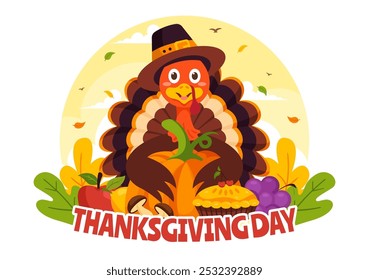 Happy Thanksgiving Day Vector Illustration with Turkey, Pumpkins, Leaves, and Various Other Elements in a Flat Style Cartoon Background