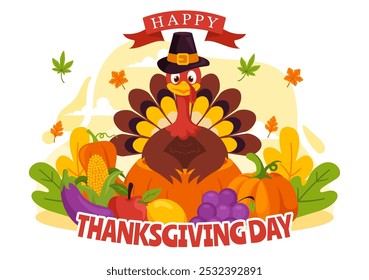 Happy Thanksgiving Day Vector Illustration with Turkey, Pumpkins, Leaves, and Various Other Elements in a Flat Style Cartoon Background