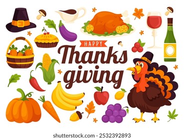 Happy Thanksgiving Day Vector Illustration with Turkey, Pumpkins, Leaves, and Various Other Elements in a Flat Style Cartoon Background