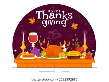 Happy Thanksgiving Day Vector Illustration with Turkey, Pumpkins, Leaves, and Various Other Elements in a Flat Style Cartoon Background