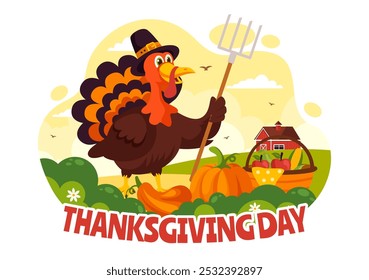 Happy Thanksgiving Day Vector Illustration with Turkey, Pumpkins, Leaves, and Various Other Elements in a Flat Style Cartoon Background