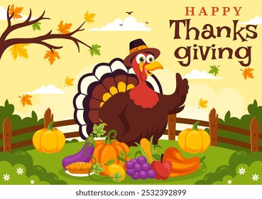 Happy Thanksgiving Day Vector Illustration with Turkey, Pumpkins, Leaves, and Various Other Elements in a Flat Style Cartoon Background