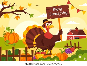 Happy Thanksgiving Day Vector Illustration with Turkey, Pumpkins, Leaves, and Various Other Elements in a Flat Style Cartoon Background