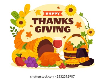 Happy Thanksgiving Day Vector Illustration with Turkey, Pumpkins, Leaves, and Various Other Elements in a Flat Style Cartoon Background