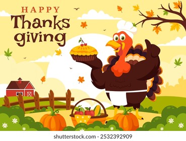 Happy Thanksgiving Day Vector Illustration with Turkey, Pumpkins, Leaves, and Various Other Elements in a Flat Style Cartoon Background