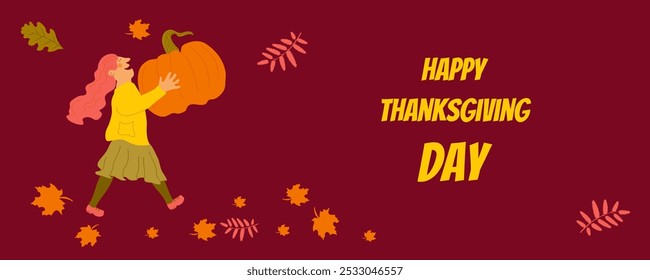 Happy Thanksgiving day. Vector illustration with pumpkin, leaves and flowers. Template for invitation card, flyer, poster, banner, social media