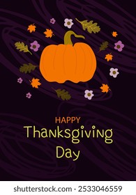 Happy Thanksgiving day. Vector illustration with pumpkin, leaves and flowers. Template for invitation card, flyer, poster, banner, social media