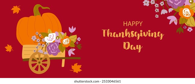 Happy Thanksgiving day. Vector illustration with pumpkin, leaves and flowers. Template for invitation card, flyer, poster, banner, social media