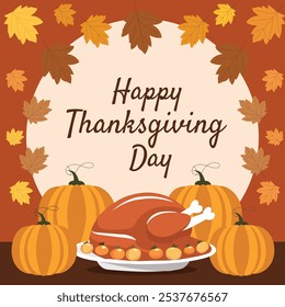 Happy Thanksgiving Day Vector Illustration with Turkey Bird, Pumpkin, Leaves and Many Others Elements Background Flat Cartoon Hand Drawn Templates