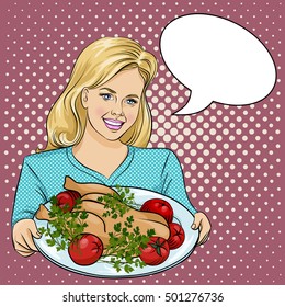 Happy thanksgiving day vector illustration. Beautiful Woman Holding a Plate with Roast Christmas turkey. Pop Art
