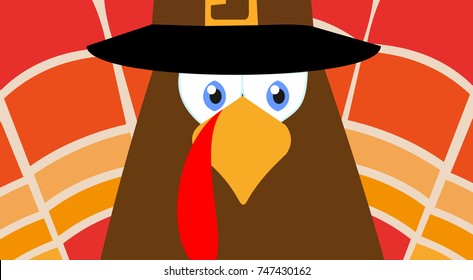 Happy Thanksgiving Day vector illustration design greeting card poster. Red feather turkey pilgrim hat character. Cute cartoon drawing. Big scale face. No text.