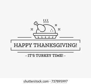 Happy Thanksgiving day. Vector linear flat illustration with turkey for holiday card design.