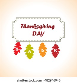 Happy Thanksgiving Day Vector Sale Banner Design with Colorful Oak Autumn Leaves. Greeting card template. Happy Thanksgiving poster. Badge vector illustration