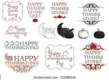 Happy thanksgiving day! Vector set of inscriptions and pictures for thanksgiving day at engraving style