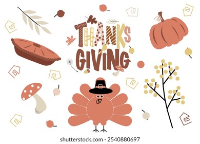 Alles Gute zum Thanksgiving-Tag. Vektorsymbolsatz für Thanksgiving-Feiertagsgrüße und Einladungen auf weißem Hintergrund