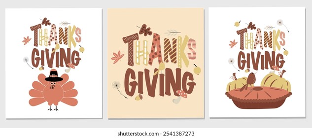 Happy Thanksgiving Day. Vector set of greeting cards for Thanksgiving holiday with pie, turkey and pumpkin