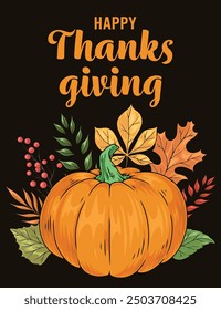 Happy Thanksgiving day vintage sticker colorful with pumpkin lying among autumn leaves to congratulate end of harvest vector illustration