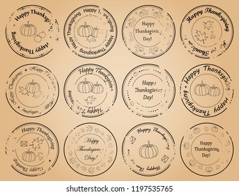 happy thanksgiving day - vintage vector postage stamps with leaves and pumpkins