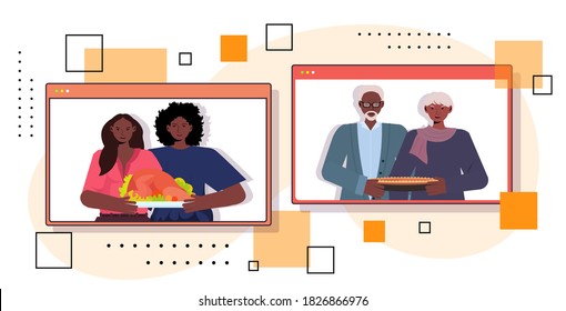 happy thanksgiving day in web browser windows grandparents discussing with children during video call self isolation concept horizontal portrait vector illustration