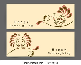 Happy Thanksgiving Day website header or banner set with floral decorated turkey bird on abstract background. 