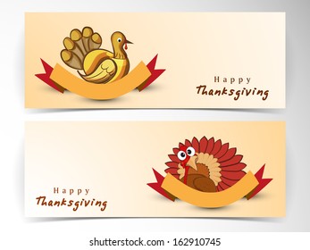 Happy Thanksgiving Day website header or banner set with beautiful turkey bird with ribbo on pink background.