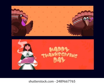 Happy Thanksgiving Day Website Header oder Banner Set mit Cute Turkey Birds und Young Pilgrim Girl Cartoon Illustration.