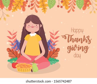 happy thanksgiving day woman sitting with cake apple and pear fall leaves vector illustration