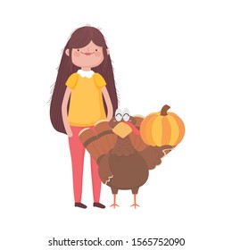 happy thanksgiving day woman with turkey and pumpkin vector illustration