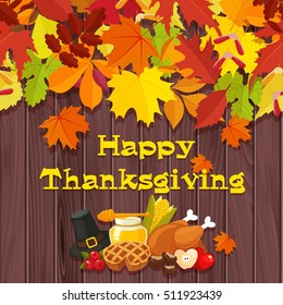 Happy Thanksgiving. Thanksgiving Day wood vector banner with traditional table plenty of food,roasted turkey,cornucopia with pumpkins,fruits and vegetables.Decoration for thanksgiving greeting cards