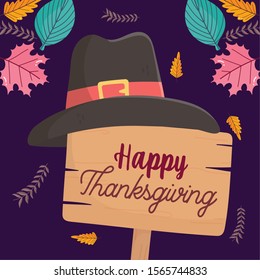 happy thanksgiving day wooden sign pilgrim hat fall foliage vector illustration
